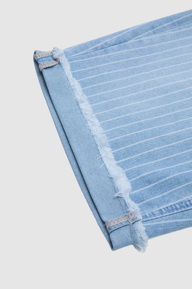 Striped Raw Hem Patch Pocket High Rise Denim Bermuda Shorts Without Belt