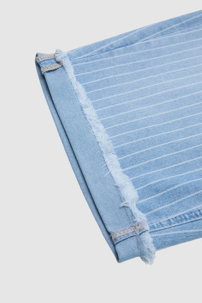 Striped Raw Hem Patch Pocket High Rise Denim Bermuda Shorts Without Belt