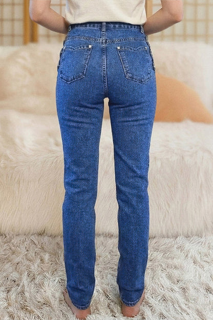 Wash Button Side High Rise Straight Leg Jeans