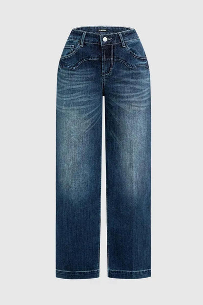 Wash Stitch Detail Mid Rise Straight Leg Jeans Without Belt