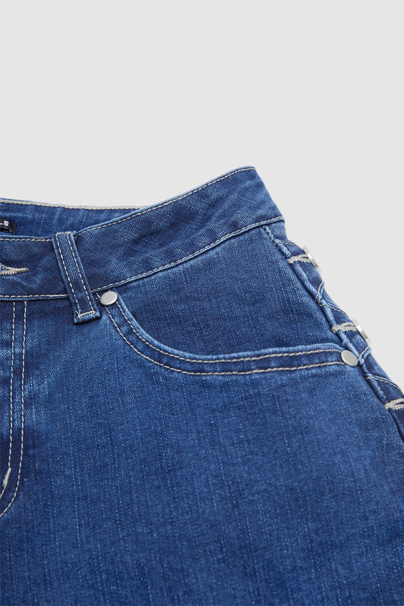 Wash Button Side High Rise Straight Leg Jeans