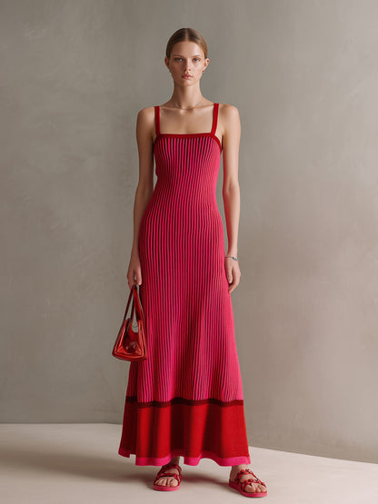 Chic Elegant Hot Pink-Red Colorblock Thin Straps Square Neck Sleeveless Tailored Waist A-Line Ribbed Knit Maxi Dress
