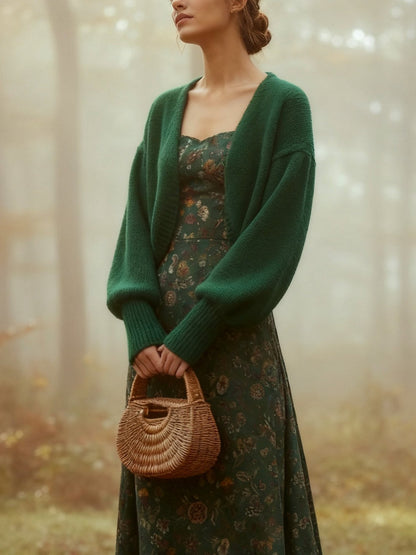 Robe midi en lin, manches longues, col carré, motif cachemire, vintage, verte
