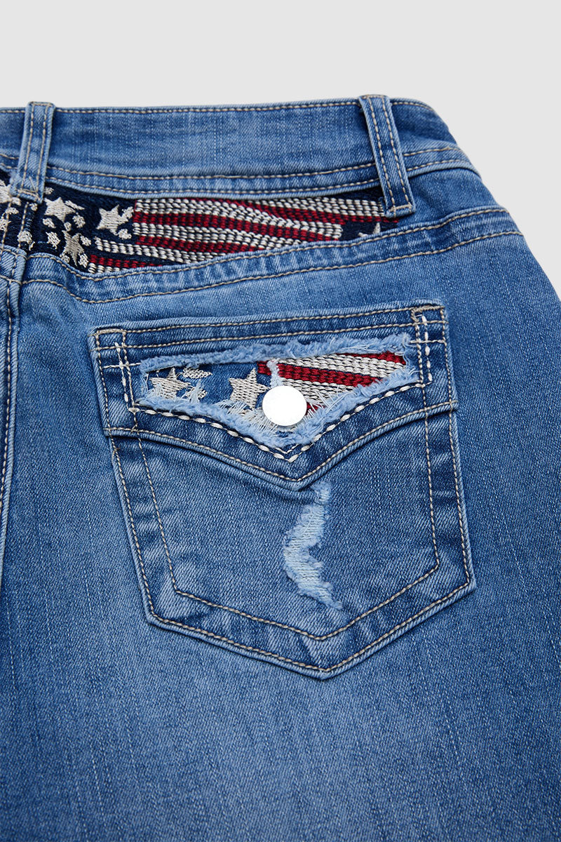 Star & Stripe Embroidery Raw Hem Ripped High Waist Denim Bermuda Shorts