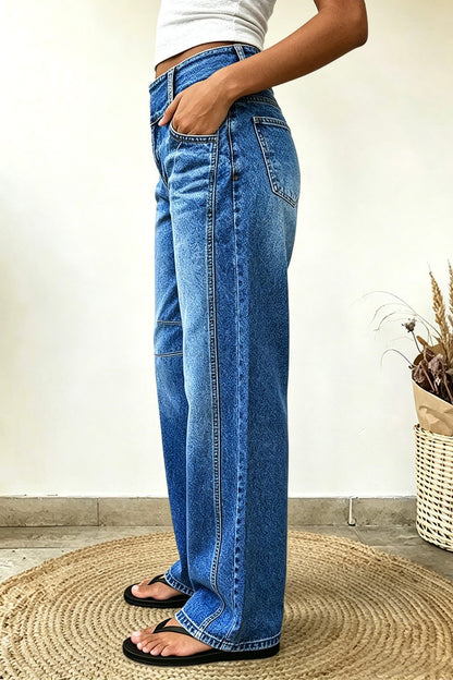 Asymmetrical Button Decor Stitch Decor Mid Waist Straight Leg Jeans