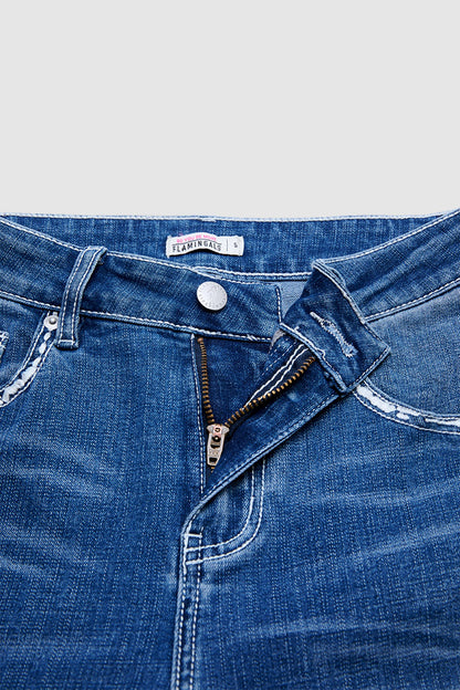 Wash Stitch Detail Mid Waist Bootcut Jeans Without Belt