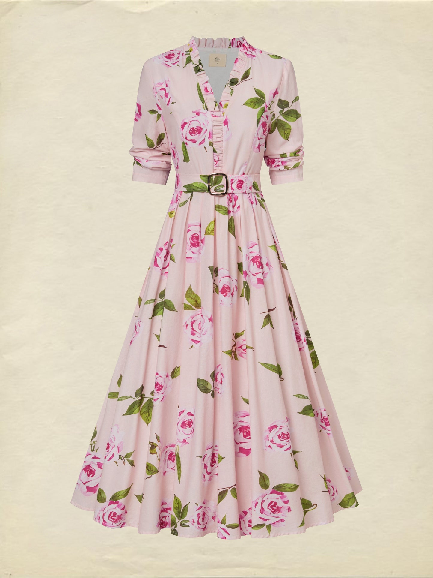 Robe midi en lin, manches longues, col en V, motif floral, ceinture, vacances, vintage, rose clair