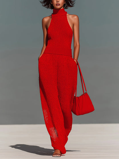 Chic Elegant Red Mock Neck Sleeveless Loose-Fit Wide Leg Mesh Knit Jumpsuit