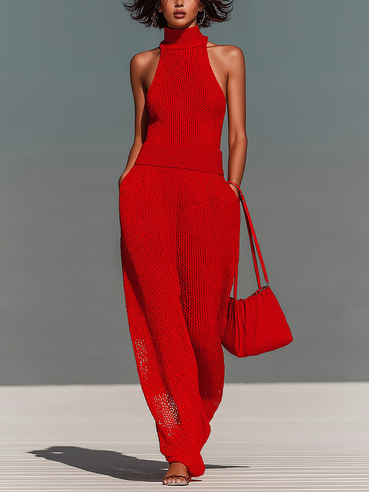 Chic Elegant Red Mock Neck Sleeveless Loose-Fit Wide Leg Mesh Knit Jumpsuit