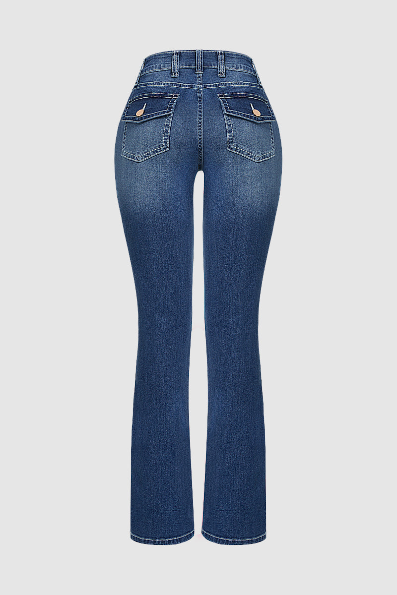 Wash Mid Waist Buttoned Hem Bootcut Jeans Without Belt