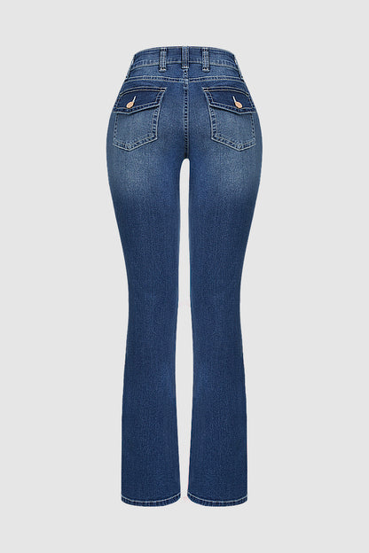 Wash Mid Waist Buttoned Hem Bootcut Jeans Without Belt