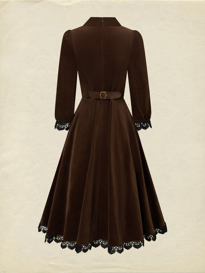 Robe midi en coton, demi-manches, col à revers, unie, dentelle, vintage, couleur café