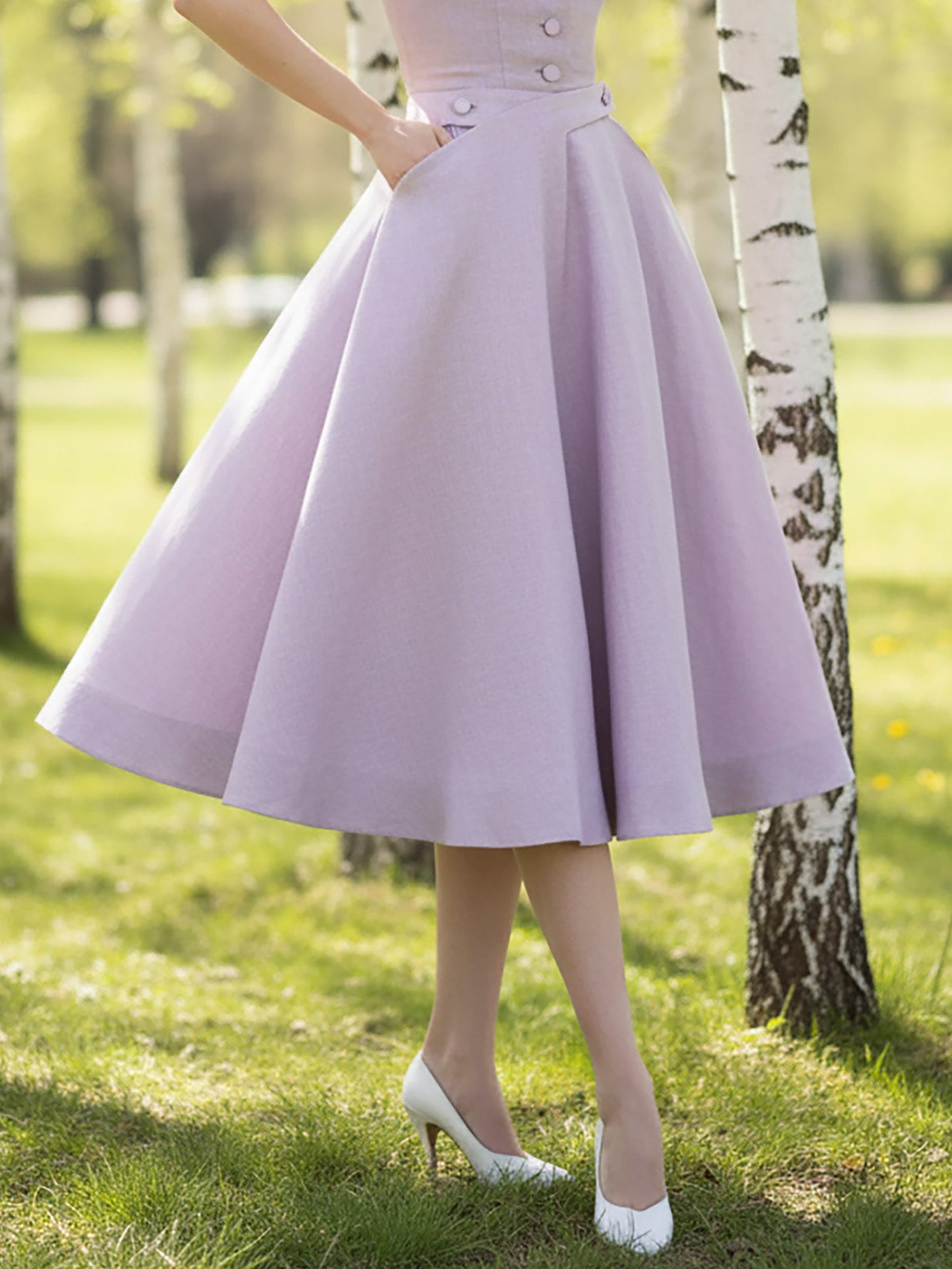 Robe Midi en Lin, Sans Manches, Col Revers, Unie, Boutonnée, Style Vintage Français, Violet Clair