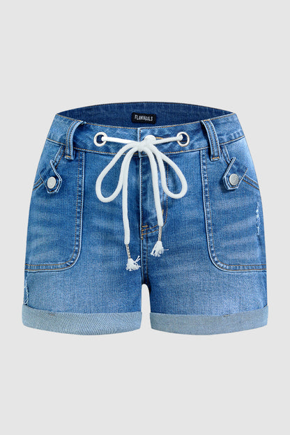 Wash Ripped Roll Hem Drawstring Mid Rise Denim Shorts