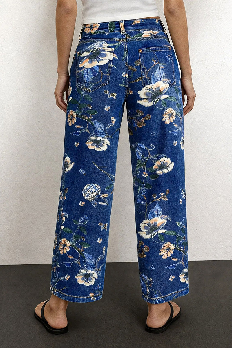 Allover Floral Pattern Straight Leg High Rise Crop Jeans
