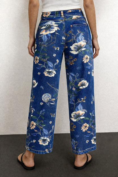 Allover Floral Pattern Straight Leg High Rise Crop Jeans