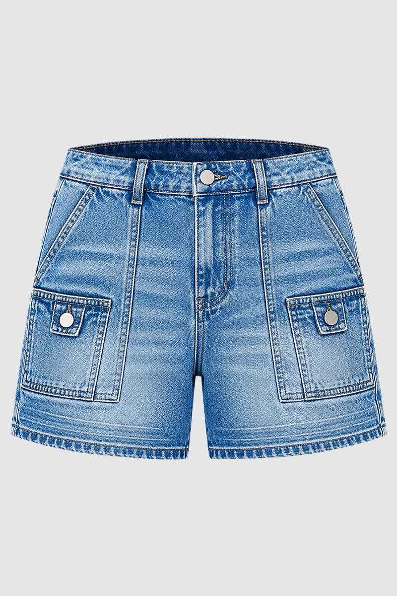 Wash Patch Pocket Mid Rise Denim Shorts Without Belt