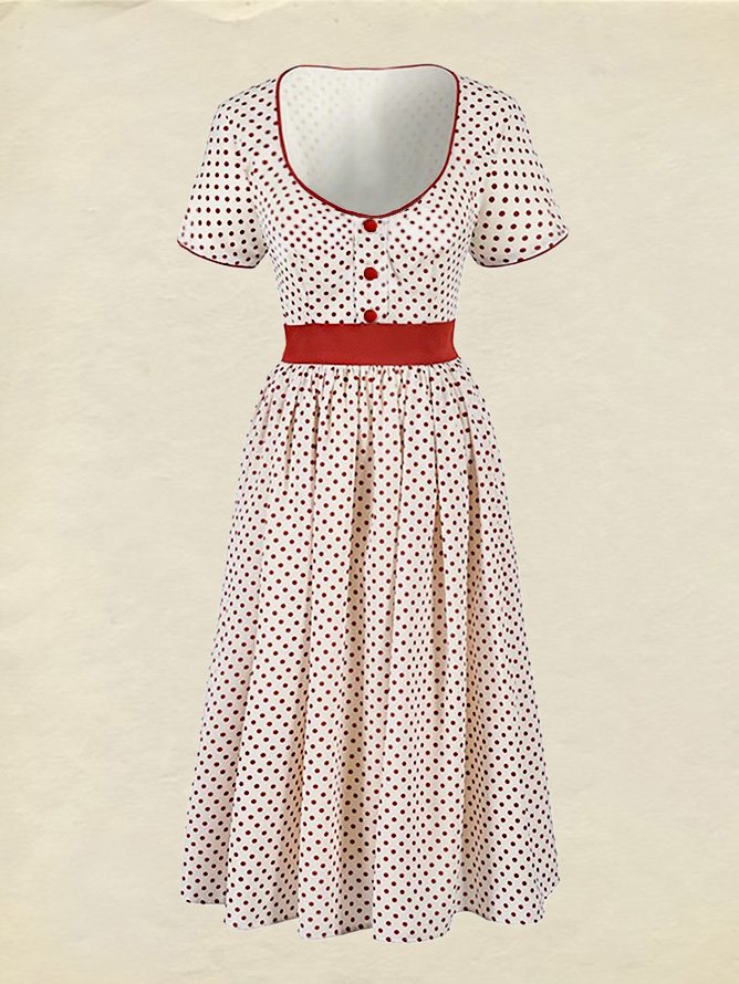 Robe longue en coton, Manches courtes, Encolure carrée, Imprimé pois, Vintage, Blanche, 100% coton