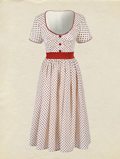 Robe longue en coton, Manches courtes, Encolure carrée, Imprimé pois, Vintage, Blanche, 100% coton