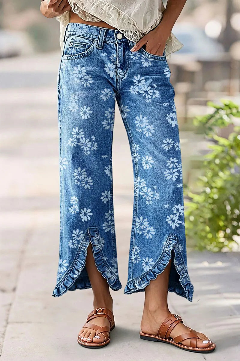 Floral Print Ruffle Hem Split Mid Waist Wide Leg Crop Jeans