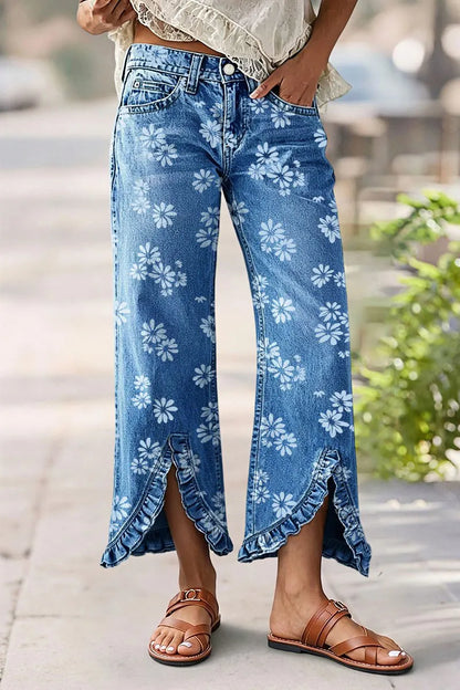 Floral Print Ruffle Hem Split Mid Waist Wide Leg Crop Jeans