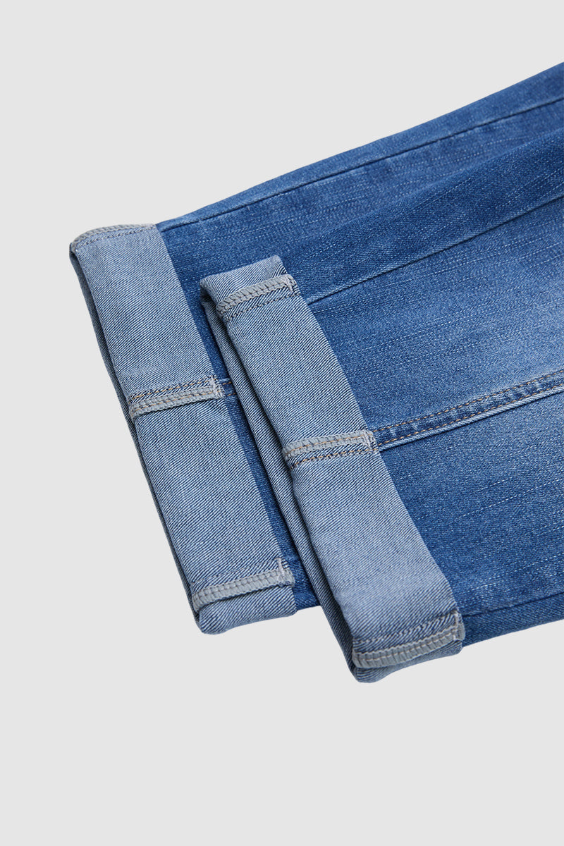 Drawstring Roll Hem Shirred Mid Waist Skinny Capri Jeans