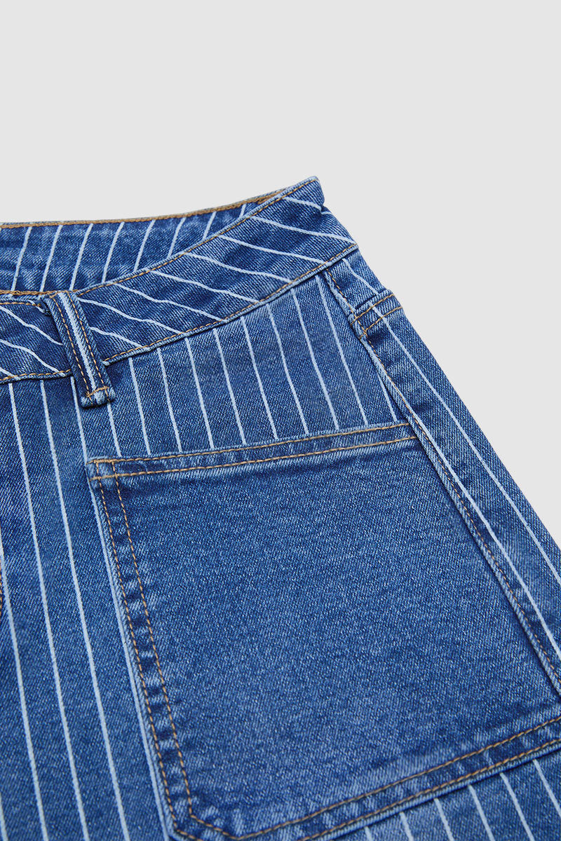 Striped Patch Pocket Mid Rise Wide Leg Crop Jeans Without Belt