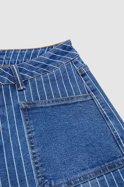 Striped Patch Pocket Mid Rise Wide Leg Crop Jeans Without Belt