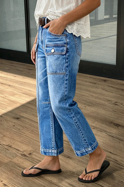 Wash Flap Pocket Stitch Detail Mid Waist Straight Leg Cropped Jeans Without Belt