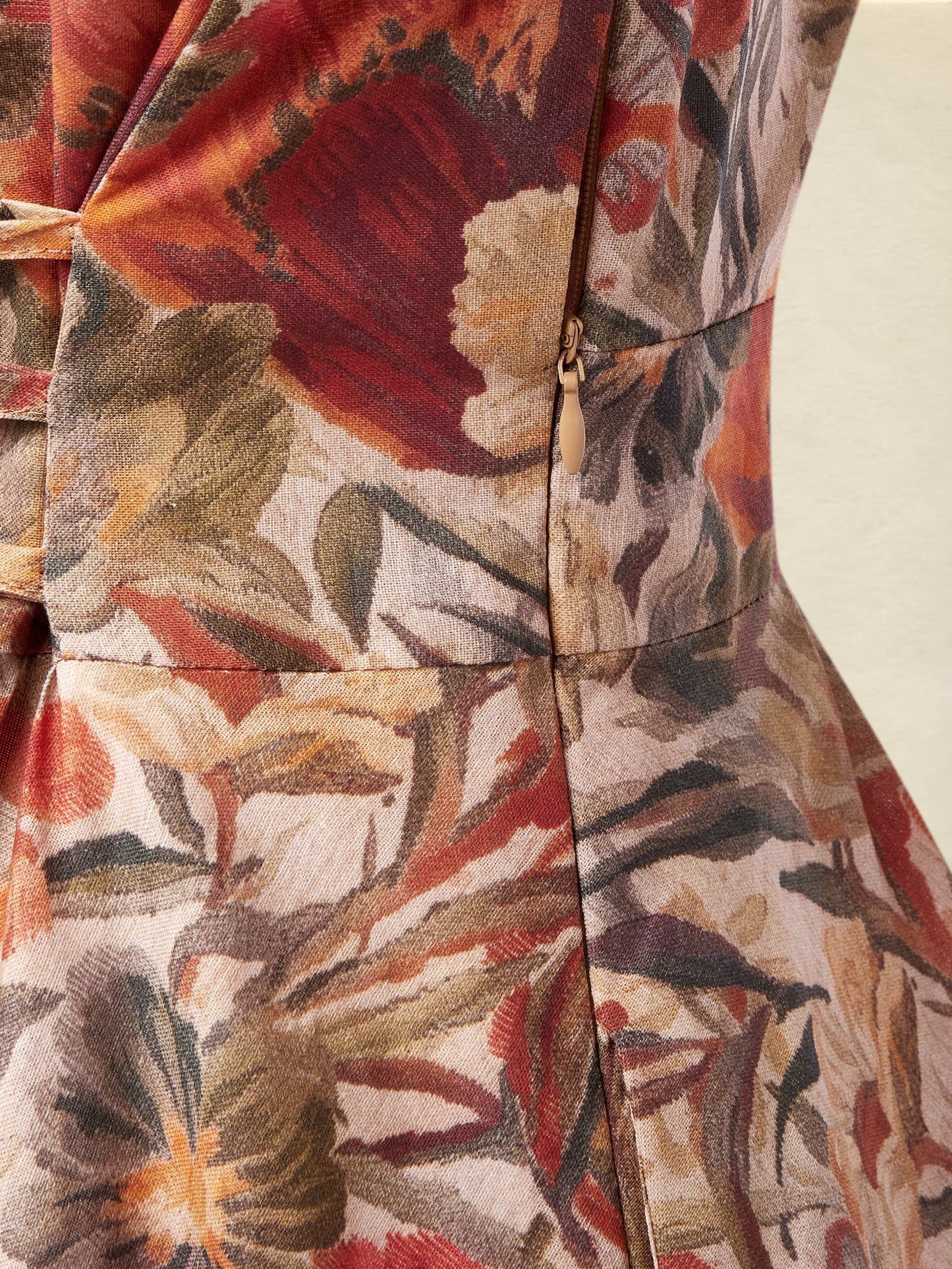 Robe Midi en Lin, Manches Longues, Col V, Florale, Poches, Vacances, Vintage, Jaune-Marron