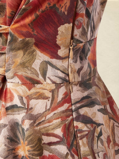 Robe Midi en Lin, Manches Longues, Col V, Florale, Poches, Vacances, Vintage, Jaune-Marron