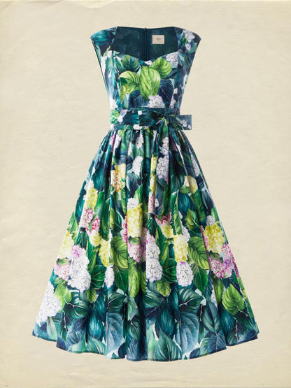 Robe midi en lin, sans manches, encolure en cœur, florale, vacances, vintage, bleue