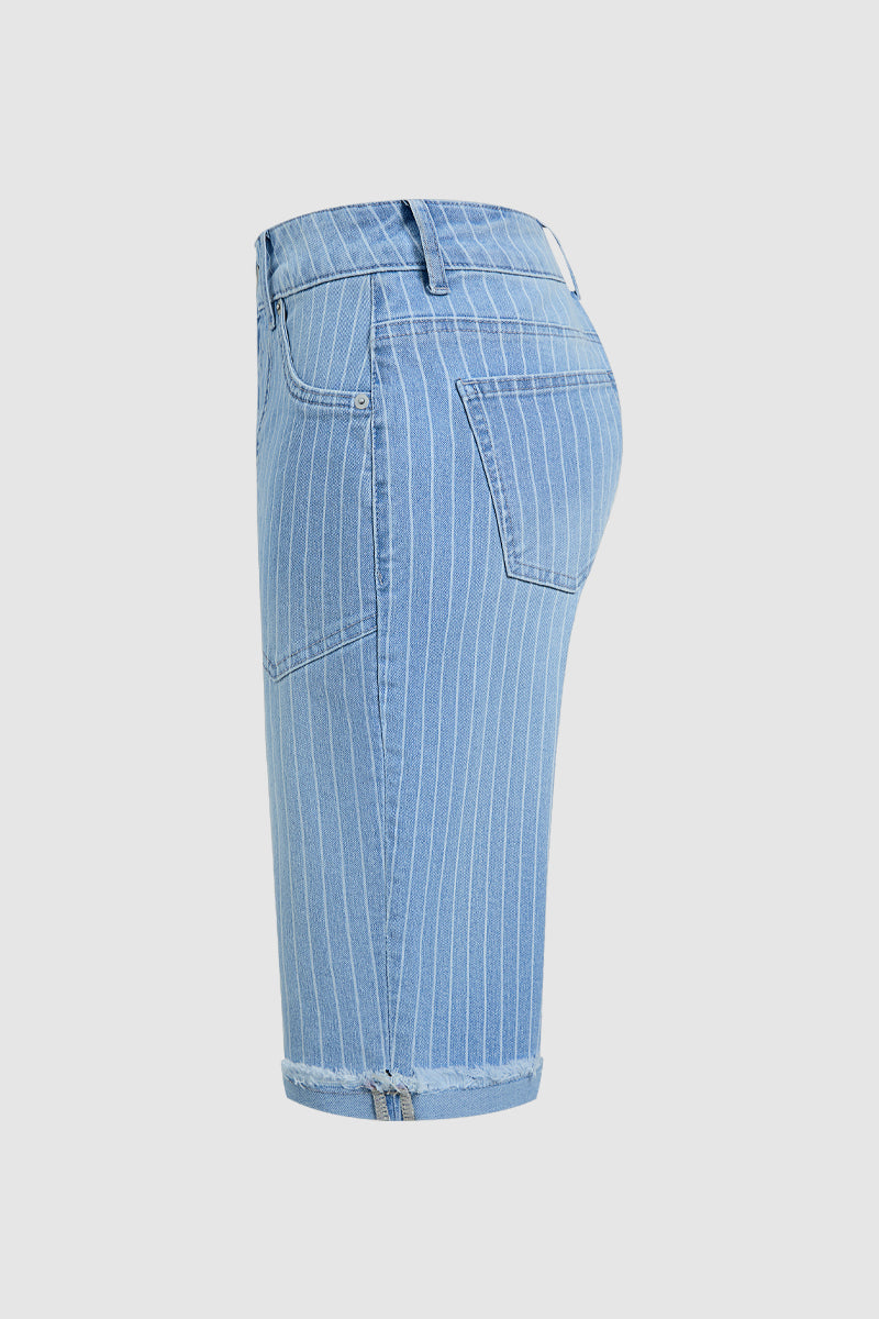 Striped Raw Hem Patch Pocket High Rise Denim Bermuda Shorts Without Belt
