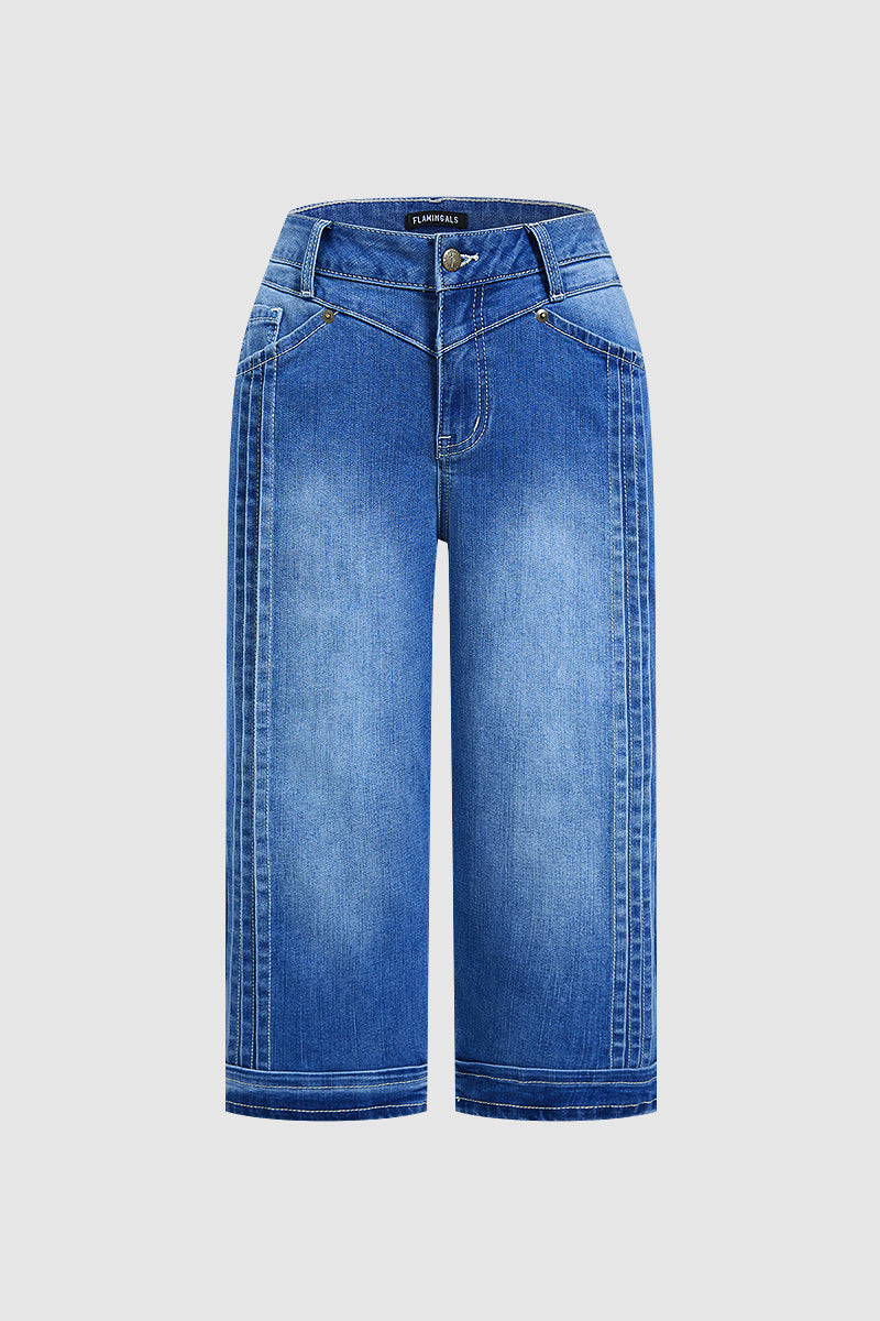 Wash Stitch Detail Mid Waist Straight Leg Capri Jeans Without Belt