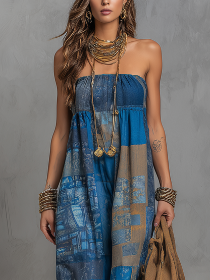 Robe longue bustier imprimé floral bleu bohème