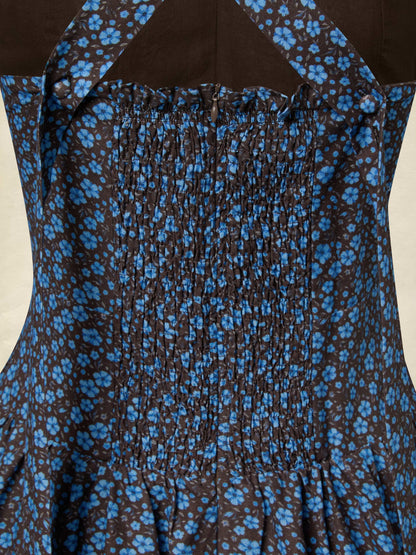 Robe longue en coton, sans manches, col en V, motifs floraux, dentelle, vintage, bleue