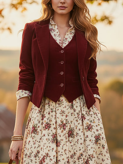 Blazer en coton (robe et gilet non inclus), manches longues, col à revers, boutonné, vintage, rouge