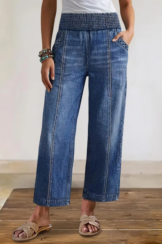 Wash Elastic High Waist Straight Leg Crop Jeans