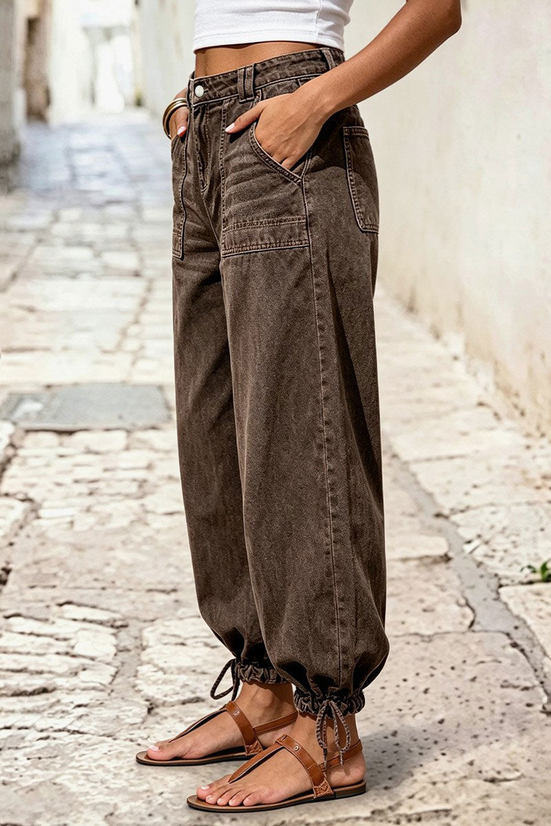 Solid Patch Pocket Drawstring Hem Mid Waist Cropped Wide Leg Pants