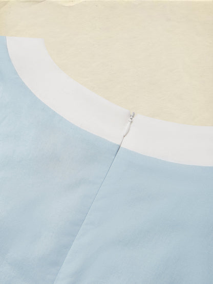 Robe midi en lin, manches longues, col en V, unie, avec ceinture, style vintage français, bleu ciel