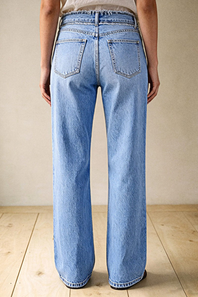 Wash Raw Seam Detail Mid Waist Straight Leg Jeans