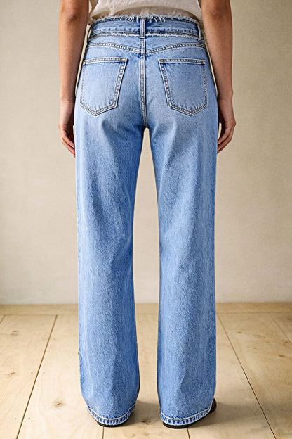 Wash Raw Seam Detail Mid Waist Straight Leg Jeans