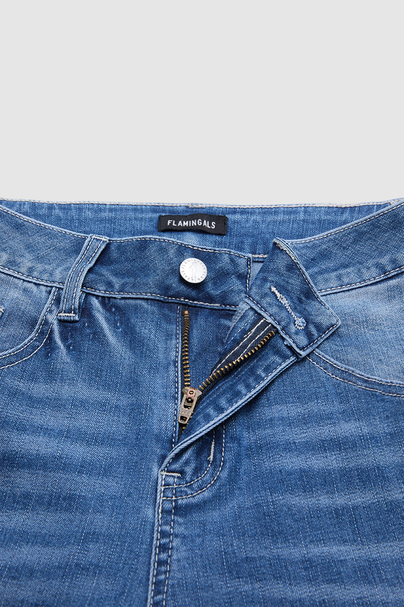 Wash Geo Embroidery Raw Hem Mid Waist Straight Leg Jeans Without Belt