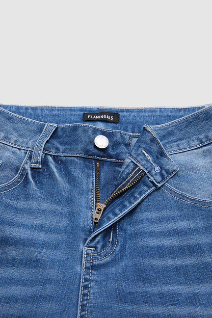 Wash Geo Embroidery Raw Hem Mid Waist Straight Leg Jeans Without Belt