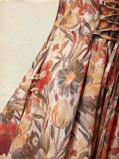 Robe Midi en Lin, Manches Longues, Col V, Florale, Poches, Vacances, Vintage, Jaune-Marron