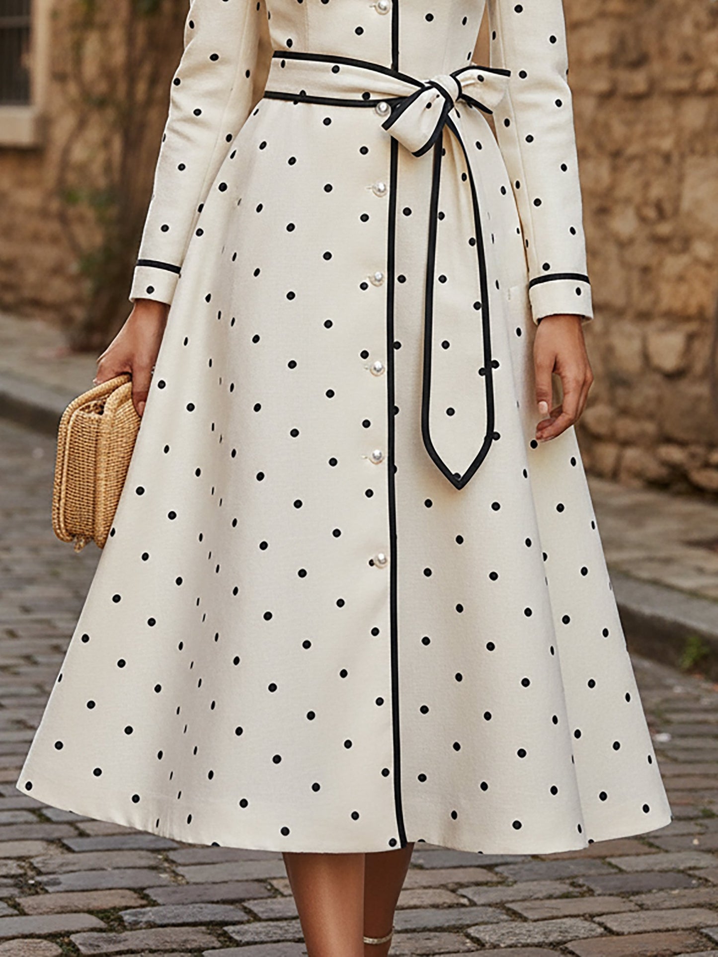 Robe midi en lin, manches longues, col à revers, pois, boutonnage, vintage, ivoire