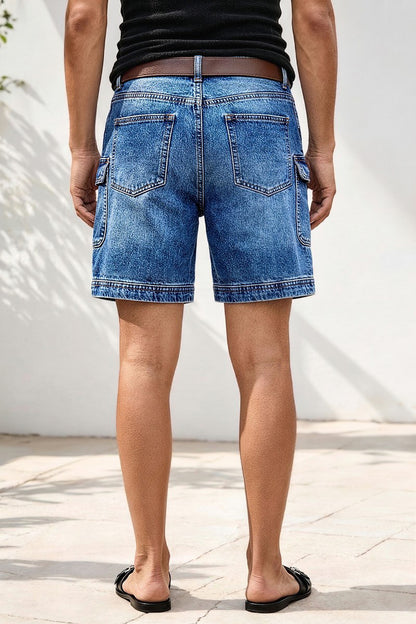Wash Flap Pocket Seam Front Mid Rise Mid Thigh Denim Shorts Without Belt