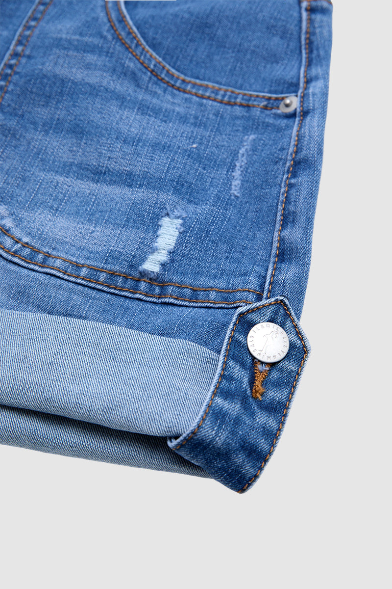 Roll Hem Button Tab Ripped Mid Waist Denim Shorts