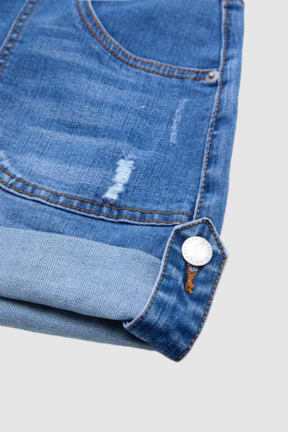 Roll Hem Button Tab Ripped Mid Waist Denim Shorts