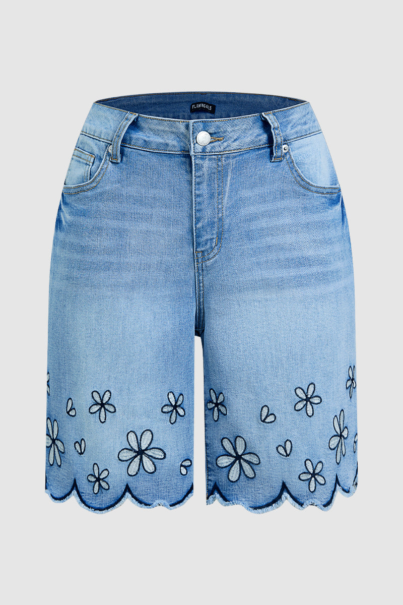 Floral Embroidery Scallop Trim Mid Rise Denim Bermuda Shorts